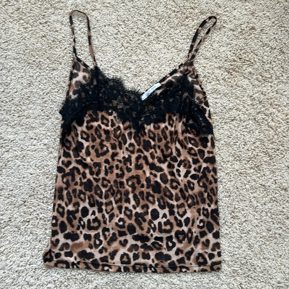 Zara Cheetah Leopard Print Lace Trim Spaghetti Strap Tank Top Size Small